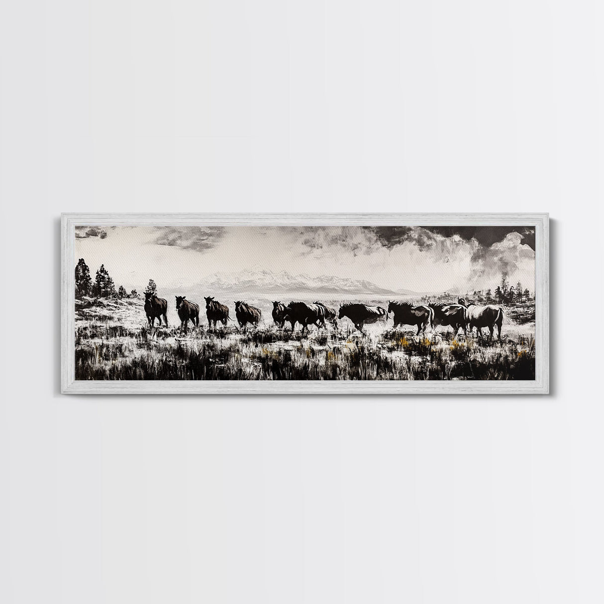 Black And White Wall Art, Framed Canvas Print, Vintage Horse Art, Rustic Wall Art, Extra Wide Art, Moody Art, Western Art, Above Bed Art