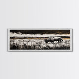 Bison painting, rustic art, black and white wall art, moody art, western decor, panoramic painting, extra wide art, framed canvas print