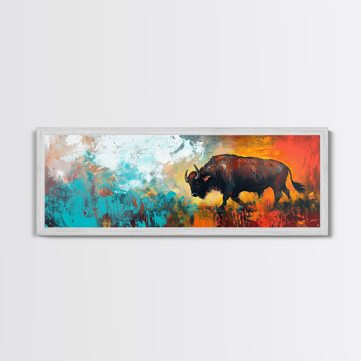 Abstract bison, rustic decor, teal wall art, western painting, bold color art, boho art, extra wide art, framed canvas print