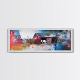 Abstract Barn, barn landscape oil painting, farmhouse art, rustic wall art, extra wide art, framed canvas print, colorful decor