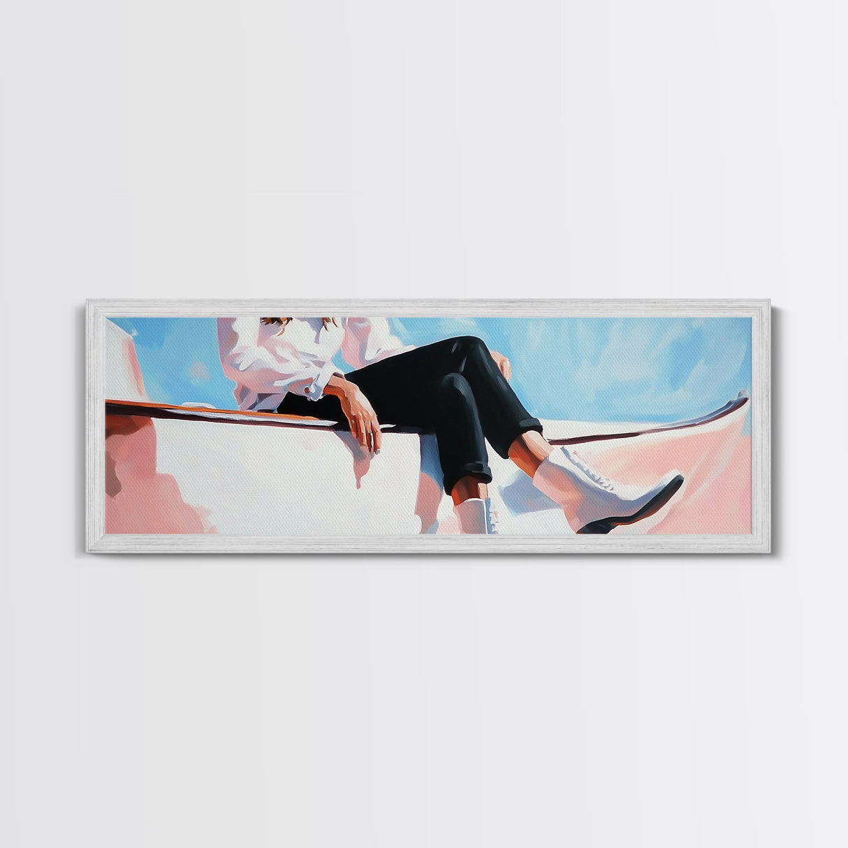 Coastal cowgirl, beach aesthetic, nautical decor, minimalist art, pastel painting, extra wide art, framed canvas print, surf wall art