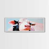 Cow painting, farmhouse art, rustic decor, barn landscape oil painting, extra wide art, framed canvas print, whimsical art, light pink wall art