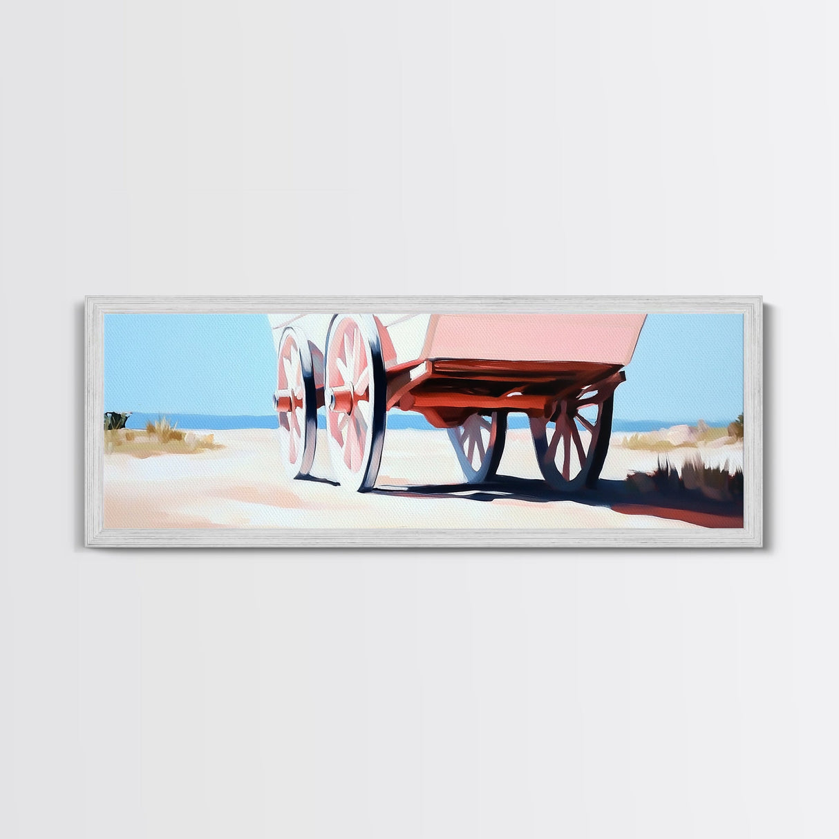 Desert Wagon, rustic western art, cowboy decor, boho wagon painting, farmhouse wall art, extra wide panoramic art, framed canvas print