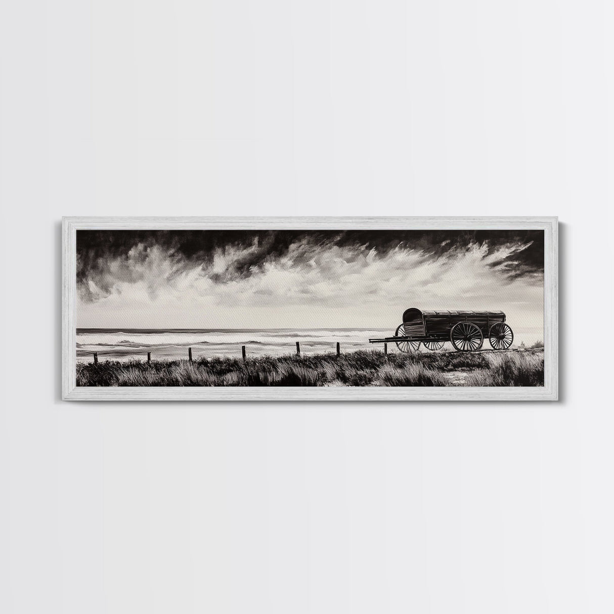 Stormy Wagon, black and white art, moody western painting, rustic decor, farmhouse wall art, extra wide panoramic art, framed canvas print.