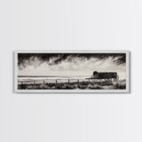 Stormy Wagon, black and white art, moody western painting, rustic decor, farmhouse wall art, extra wide panoramic art, framed canvas print.