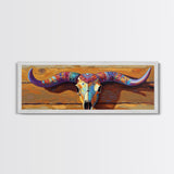 Painted Skull, bull and bear art, rustic decor, extra wide art, southwest wall art, pink orange wall art, framed canvas print