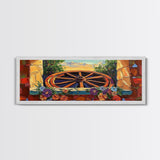 Rustic Wagon Wheel, farmhouse art, southwest wall art, wildflower painting, boho art, extra wide art, framed canvas print, landscape painting