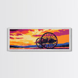 Sunset Wagon Wheel, pink orange wall art, bold color art, boho art, panoramic painting, extra wide art, framed canvas print, landscape painting