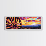 Vibrant Wagon Sunset, pink abstract art, poppy wall art, boho art, panoramic painting, extra wide art, framed canvas print, vintage wall art