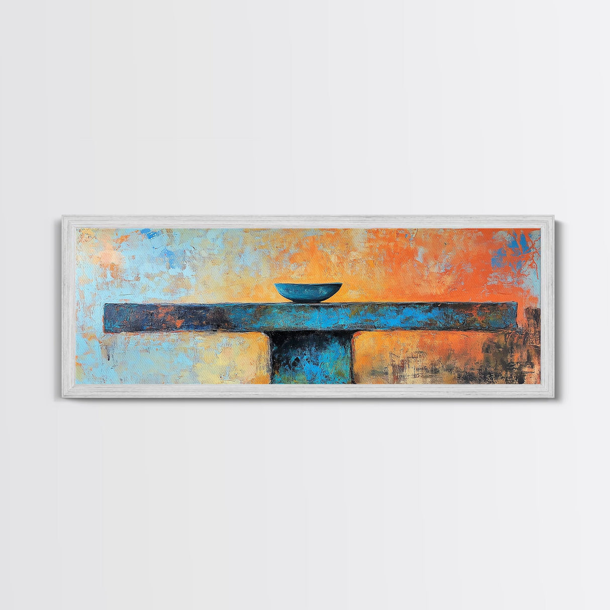 Blue Bowl, minimalist art, wabi sabi art, extra wide art, framed canvas print, sage green wall art, horizontal wall art, therapy art