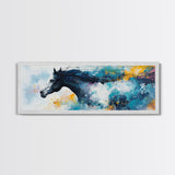 Horse Wall Art, Framed Canvas Print, Extra Wide Art, Blue and Green Wall Art, Moody Art, Rustic Decor, Panoramic Art, Farmhouse Art, Gift Idea for Him