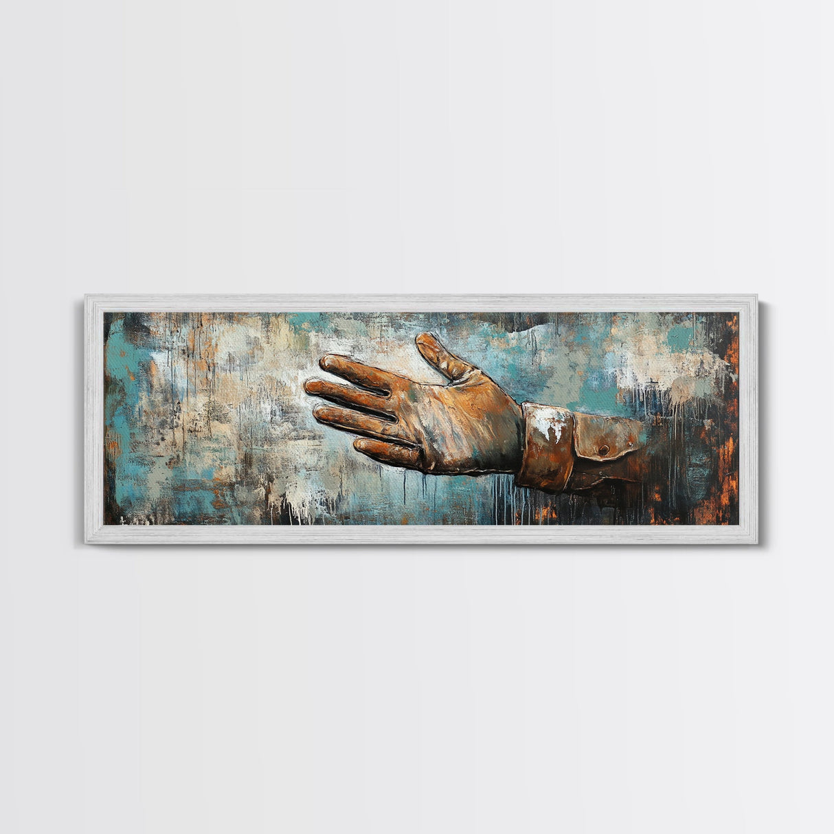 Rustic Leather Glove Art, Framed Canvas Print, Wabi Sabi Wall Art, Moody Art, Teal Wall Art, Extra Wide Art, Farmhouse Art