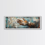 Rustic Leather Glove Art, Framed Canvas Print, Wabi Sabi Wall Art, Moody Art, Teal Wall Art, Extra Wide Art, Farmhouse Art