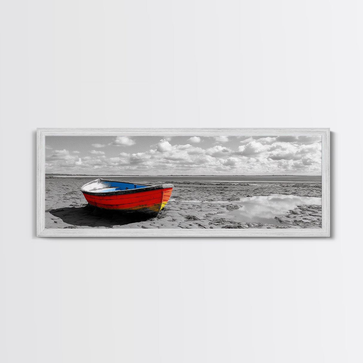 Stranded Boat, Coastal Landscape Art, Nautical Decor, Rustic Wall Art, Extra Wide Art, Panoramic Art, Framed Canvas Print, Gift Idea