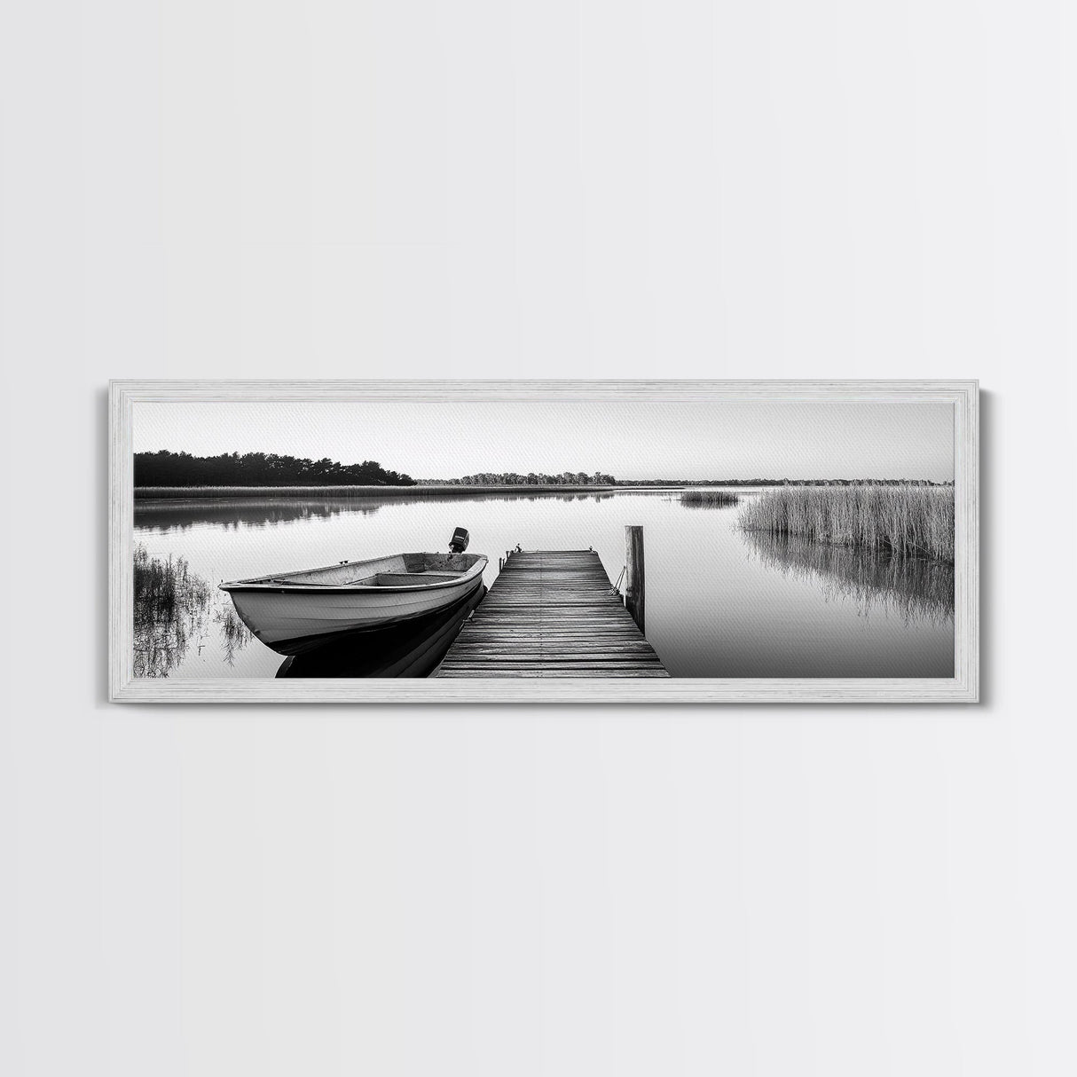Boat On Dock, Nautical Wall Art, Framed Canvas Print, Coastal Landscape Art, Rustic Decor, Extra Wide Art, Minimalist Art, Bedroom Art