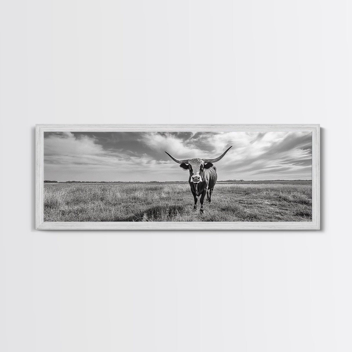 Texas Longhorn, Rustic Wall Art, Canvas Print, Farmhouse Art, Western Decor, Above Bed Art, Extra Wide Art, Moody Black And White Art