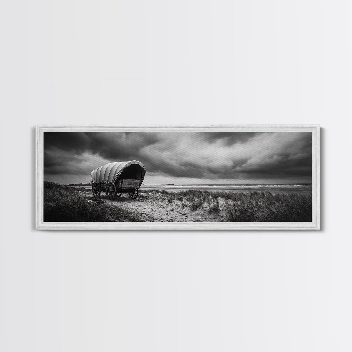 Covered Wagon, coastal cowgirl wall art, rustic decor, farmhouse art, long narrow wall art, framed canvas print, extra wide art