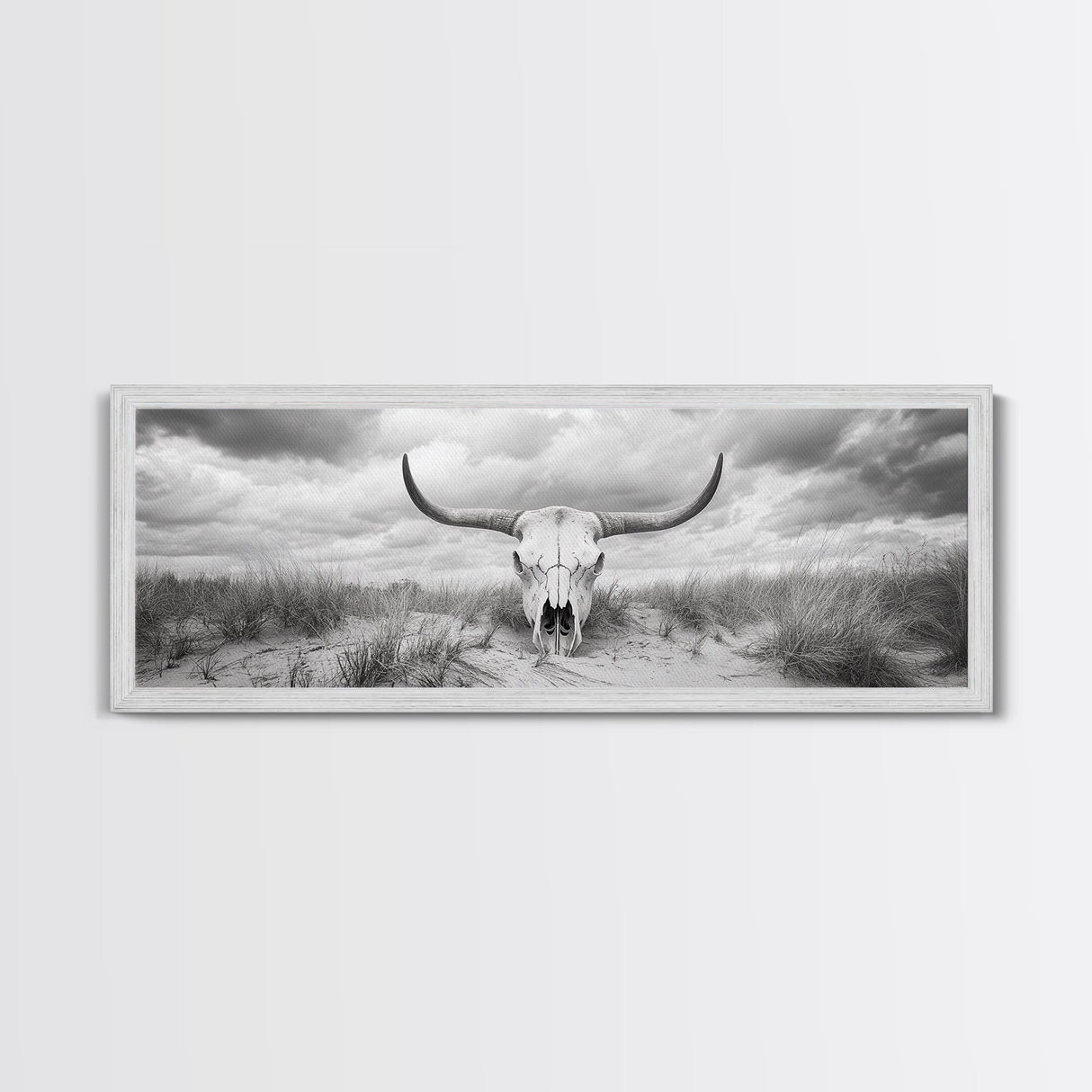 Longhorn Skull, skull art, western wall art, rustic decor, moody art, desert painting, farmhouse art, panoramic art, framed canvas print