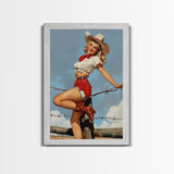 Vintage Cowgirl Pin-Up Art Print, Retro Western Framed Canvas, Classic Pin-Up Girl in Cowboy Hat and Boots, Unique Wall Decor