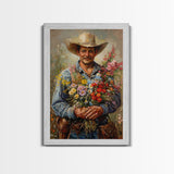 Smiling Cowboy with Flowers - Framed Canvas Print, Country Living Room Art, Rustic Bedroom Decor, Cowboy Art, Wall Art