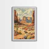 Cowboy in Southwestern Desert Landscape - Framed Canvas Print, Western Wall Art, Desert Scene Art, Cactus Decor for Living Room