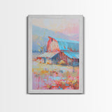Rustic Pastel Barn in Countryside Landscape - Framed Canvas Print, Farmhouse Decor, Country Art for Living Room, Rustic Wall Art for Home