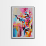 Dynamic Cowboy with Gun - Framed Canvas Print, Action-Packed Western Art, Bold Cowboy Wall Art for Living Room Decor