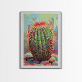 Bold Barrel Cactus Art with Red Spines - Framed Canvas Print, Vibrant Desert Decor, Living Room Art, Cactus Wall Art for Home