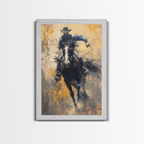 Intense Cowboy Riding Fast Framed Canvas Print - High-Energy Western Decor, Exciting Wall Art for Living Room, Bedroom