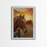Horse with Red Barn Sunset Art - Framed Canvas Print, Rustic Bedroom Decor, Farmhouse Wall Art, Horse and Barn Home Decoration