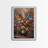 Bold Flower Bouquet Art on Dark Background - Framed Canvas Print, Vibrant Floral Wall Art for Living Room, Modern Artwork, Flower Decor