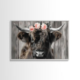 Framed Canvas Wall Art, Cute Highland Cow Print, Modern Wall Art Farmhouse Decor, Fun Rustic Farmhouse Art, Life On The Farm, Cow and Flower