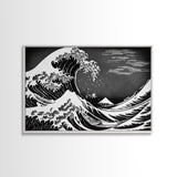 Black and White Wave Canvas Print, Hokusai Inspired Wall Art, Woodblock Print Style, Wall Art, Vintage Style Wall Art