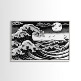 Black and White Wave Canvas Print, Hokusai Inspired Wall Art, Woodblock Print Style, Wall Art, Vintage Style Wall Art