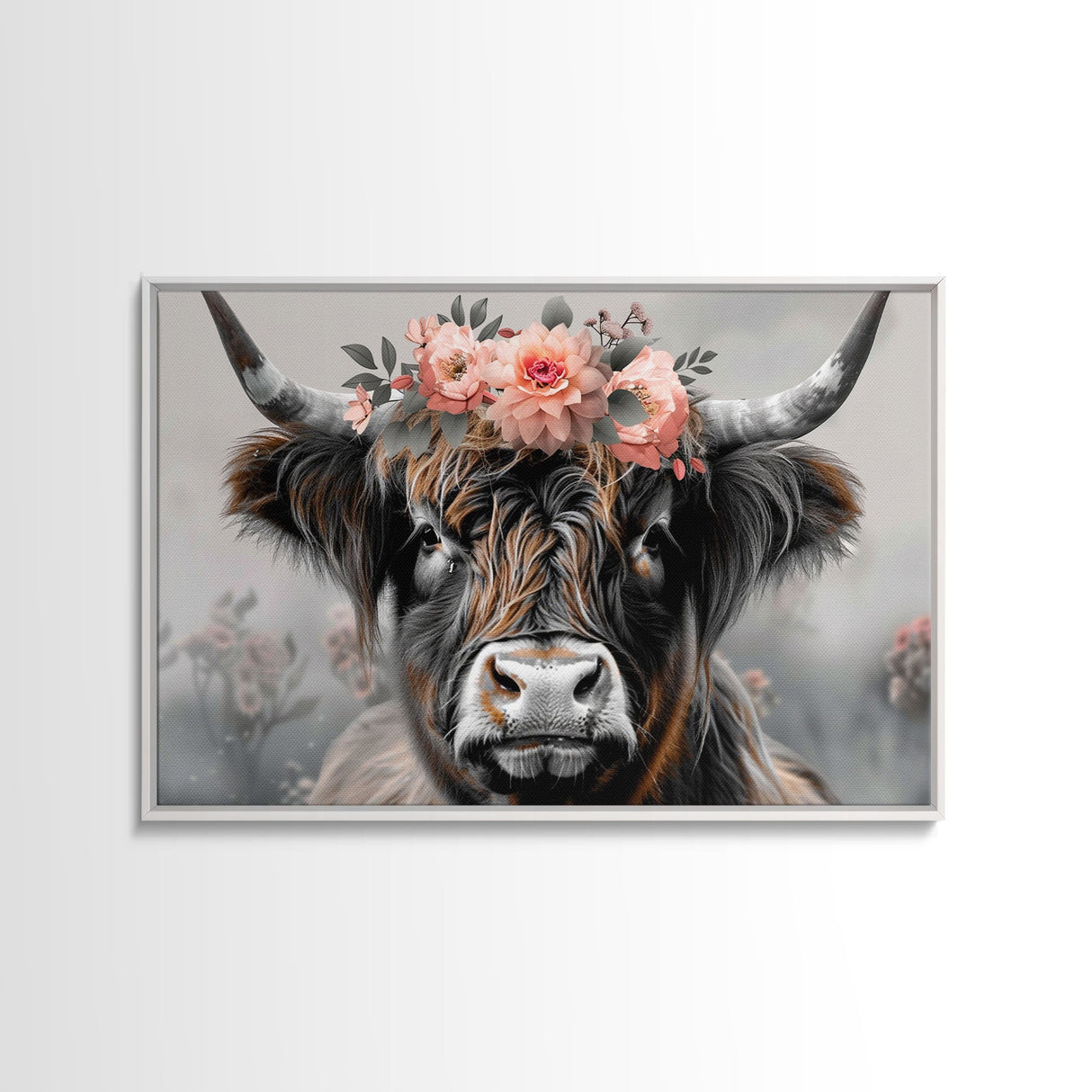 Framed Wall Art Texas Cattle, Wood Framed Canvas Print, Farmhouse Decor, Minimalist Rustic Farmhouse Painting, Vacation Home Decor, Western