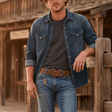 Lifestyle photo of a man in a denim western shirt and jeans wearing the tan Baez Wild Ones Belt with its studded, tooled leather and antiqued double-prong buckle.