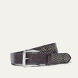 Rosewood brown leather belt with allover silver and brass diamond stud pattern, coiled to show the brushed silver buckle