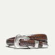 Cognac brown tapered leather belt with woven lace-wrapped strap texture and an ornate engraved silver western buckle set, coiled view.