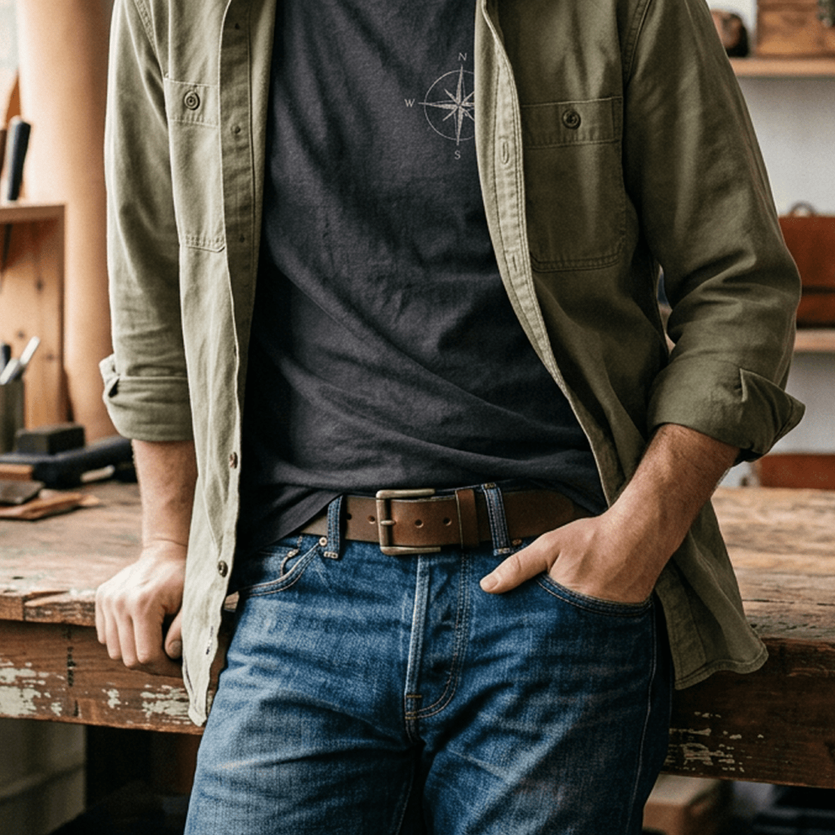 Lifestyle photo of a man wearing the Black Edge Jean Belt in cognac leather with a brass buckle, tucked into dark denim jeans with a navy t-shirt and olive shirt jacket.