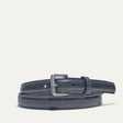 Rainbow Stitched Belt by WILL Leather Goods in navy leather with multicolor blue, tan, and red edge stitching, brushed nickel buckle, coiled front product view on a white background.