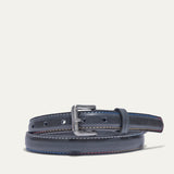 Rainbow Stitched Belt by WILL Leather Goods in navy leather with multicolor blue, tan, and red edge stitching, brushed nickel buckle, coiled front product view on a white background.