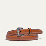 Rainbow Stitched Belt by WILL Leather Goods in tan leather with multicolor blue and red edge stitching, brushed nickel buckle, coiled front product view on a white background.