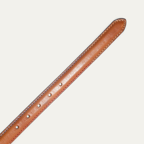 Rainbow Stitched Belt by WILL Leather Goods in yellow leather with multicolor blue, tan, and pink edge stitching, brushed nickel buckle, coiled front product view on a white background.