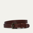 Dark brown leather belt with double keeper loops and a brass buckle, coiled, front angled view.
