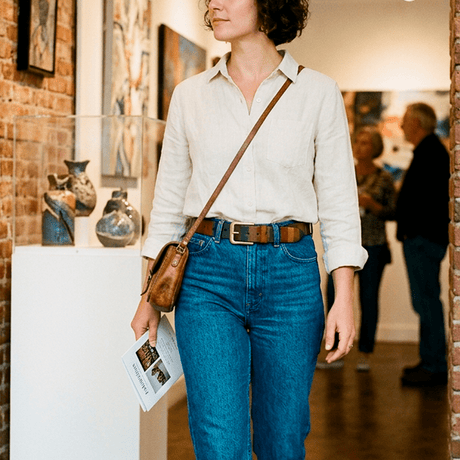 Lifestyle photo of a woman in a cream button-down shirt and blue jeans wearing the color-block leather belt while walking through an art gallery with a brown crossbody bag.