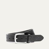Shrunken American Bison Belt by WILL Leather Goods in black pebbled bison leather with a brushed nickel buckle, coiled front product view on a white background.