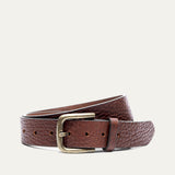 Shrunken American Bison Belt by WILL Leather Goods in brown pebbled bison leather with an antique brass buckle, coiled front product view on a white background.