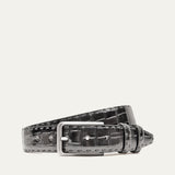 Will Leather Goods Croco Belt in black crocodile-embossed leather with a brushed silver buckle, coiled product shot on a white background.