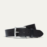 Black leather belt coiled flat, showing the full star-perforated laser-cut pattern and brushed silver buckle