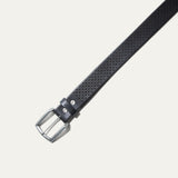 Close-up angled view of the black leather belt showing the brushed silver buckle and star-shaped perforated pattern